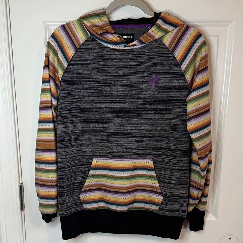 Hooey Hoodie Size S Black Heather Rainbow Striped Sweatshirt Pullover